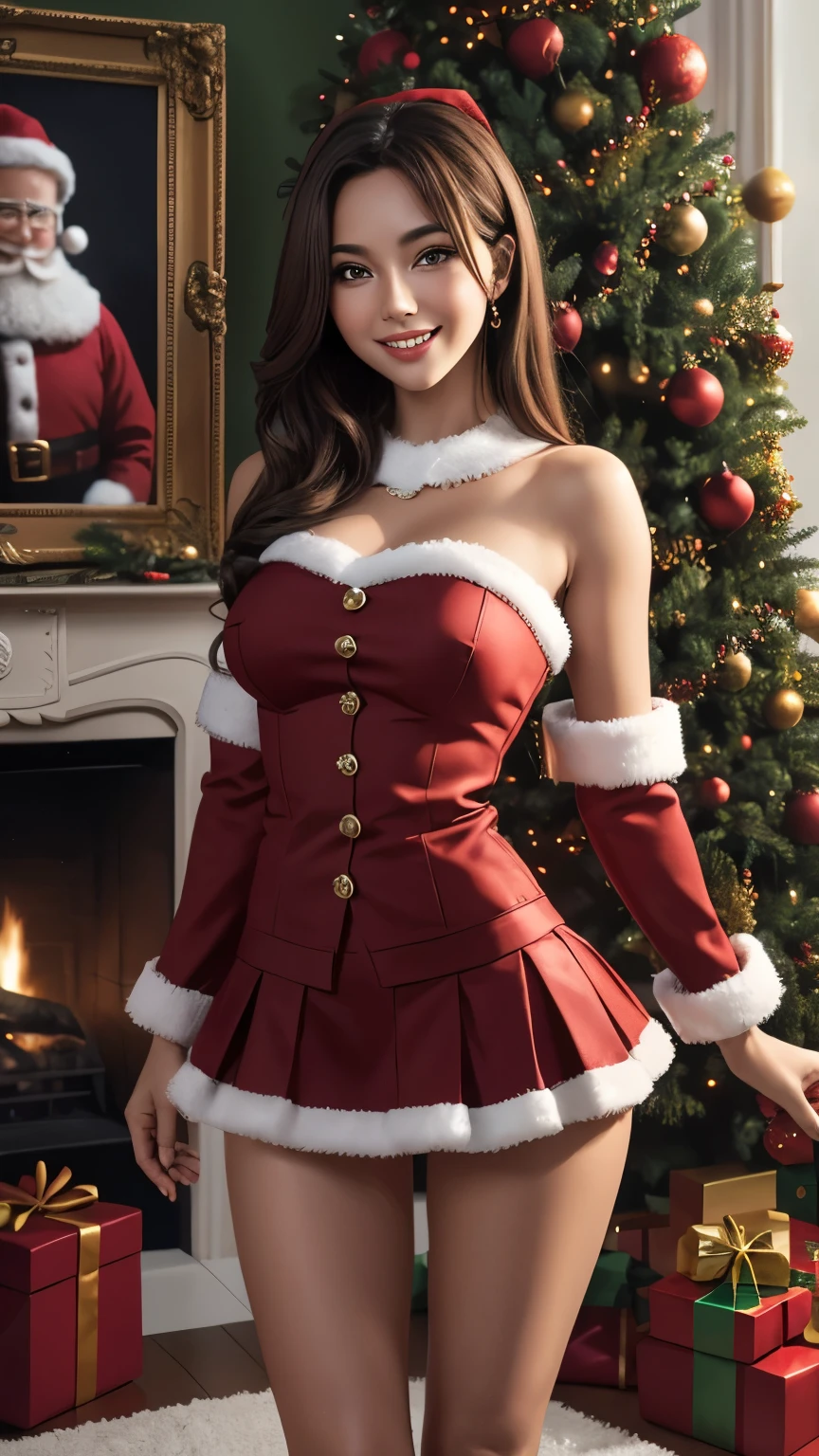 Santa's sexy clothes, stand in front of the Christmas tree, character portrait, intricate, elegant, highly detailed, digital painting, sharp focus, ((smile, miniskirt)), 
