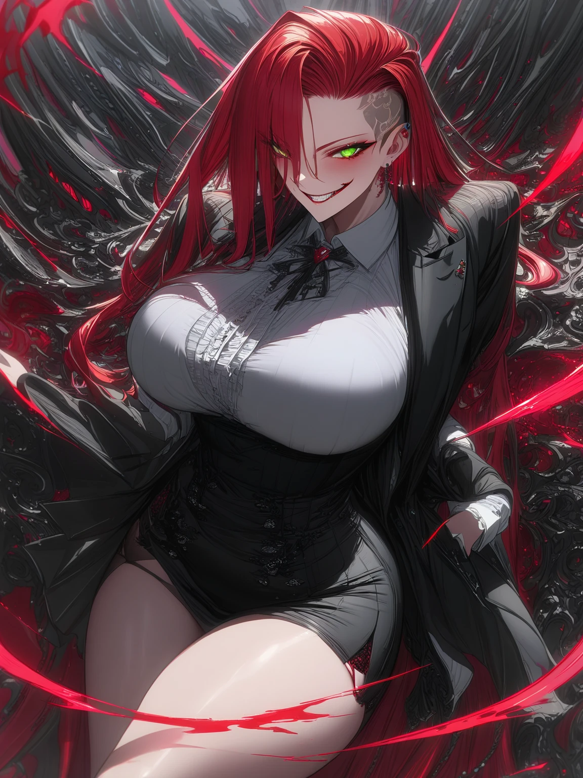 A female character with long, curly Ruby red hair. Character wielding a black scythe with a scary shadow in the background. Emerald green eyes. Character with a macabre smile is scary and a malicious expression. Black clothing is red short and sensual. darkness background 