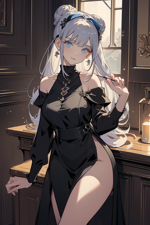 masterpiece, high quality, illustration, extremely detailed, 1_women, (full body), sitting, sitting in chair, holding cup of tea, (exotic skin_complexion:1.4),mature, statuesque, beautiful, exotic, curious express, nsfw, busty, chest window, ((cleavage)), and halter dress, black ((diaphanous sparkling dress)) with gold trim, (((thigh highs))), black knee_high boots, white embroidery elbow gloves, long hair, white hair, realistic and detailed face having ((hazel_eyes)), ((dark_eyeliner)), long_eyelashes, dynamic lighting casts detailed shadows, rustic room, wooden table, crystal ball, rustic gypsy hut, candles, candle light, clocks on walls, skulls, potions, curtains, colored smoke in the air, ((night sky)),