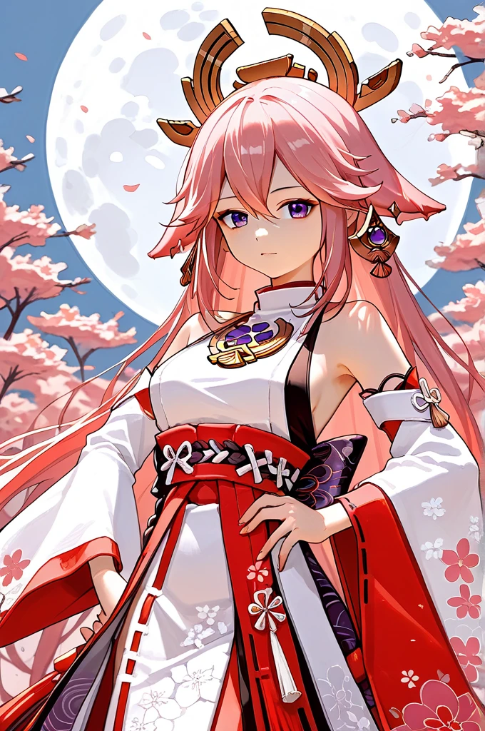 masterpiece, best quality, 1girl,  A moon with a crater and an astronaut, Playful, Hand on hip, BREAK, 
yae_miko, pinke hair, long hair, fox ears, hair ornament, earrings, purple eyes, (Kebaya (Indonesian traditional dress), Ear Tips:1.4),  