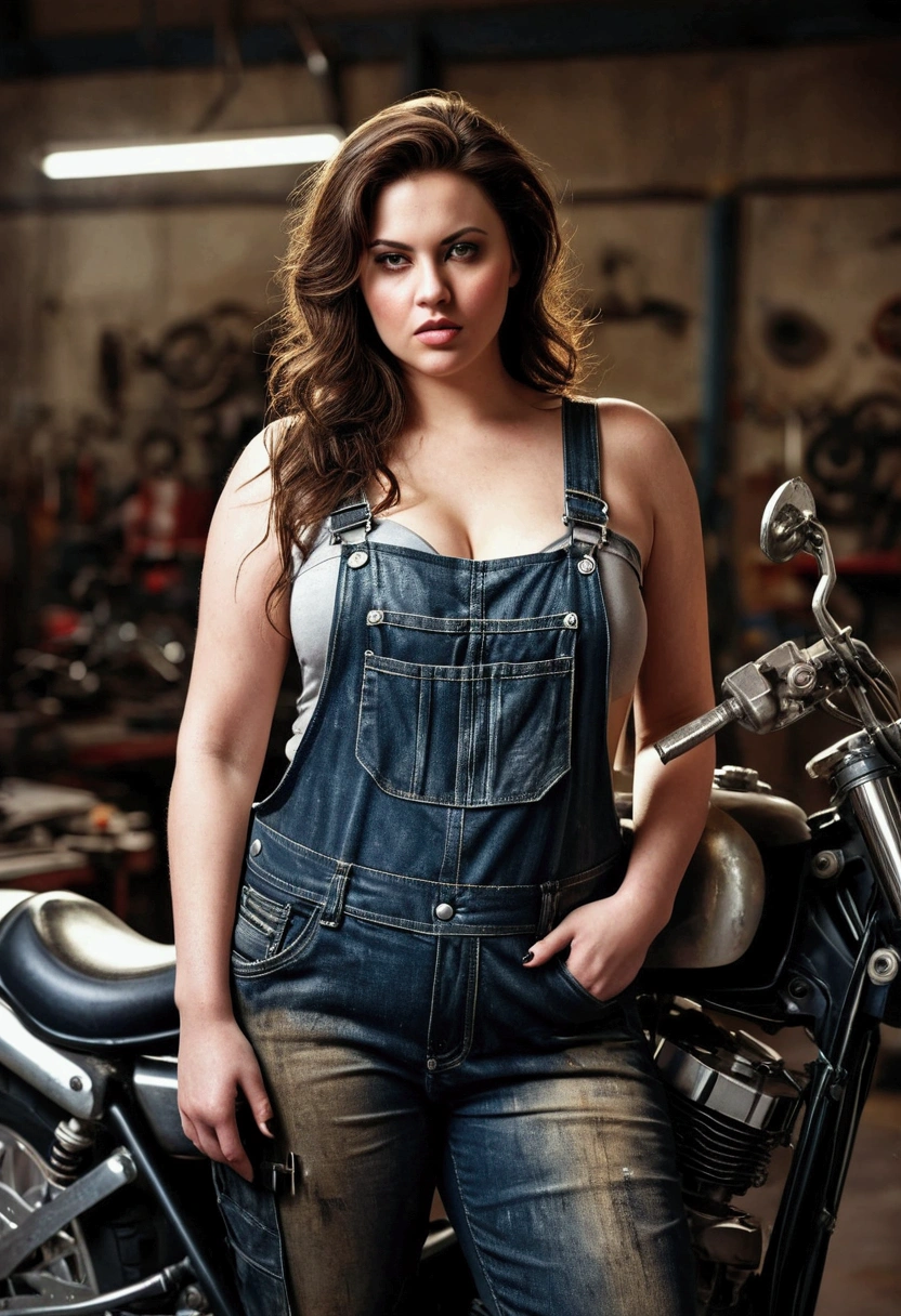 a beautiful curvy woman in a motorcycle workshop, wearing dirty dungarees, holding a wrench, her breasts partially visible, 1girl, photorealistic, extremely detailed face and body, cinematic lighting, high contrast, moody, dramatic, industrial, gritty, chiaroscuro, warm color tones