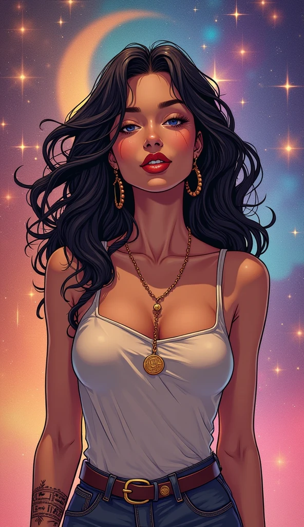 Pino Daeni, (1golden filigree clock), ((beautiful black Ethiopian woman )) clear defined facial features, soft black hair, stunning blue eyes, attractive hourglass figure, fitted blue sheer wrap dress, celestial, astrotraveler, painted illustrations, flare, sparkling stars in a blue galaxy, twilight, ornate masterpiece, Korean comic realism, cinematic, crystallography by Friedrich Haag, medium camera shot, high angle, tessellation by Maurits Cornelis Escher, zodiak, intricate details, depth of field, by Kay Nielsen, Diane Dillon, Julie de Graag, vibrant night sky colors, nightcore, softly lit face, 16K, best quality 