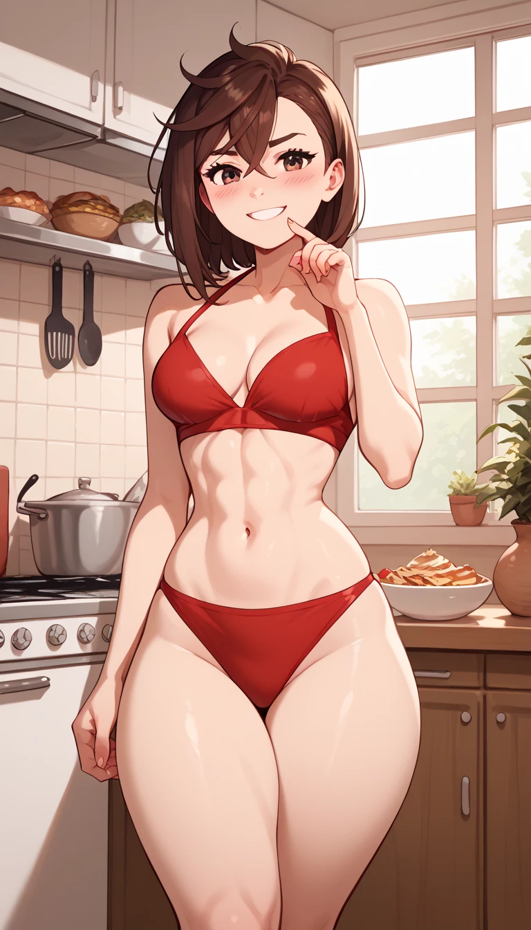   Momo Ayase medium hair , brunette,   brown eyes ,   medium breasts ,   thick thighs   ,  Blush,  red bikini  , Mischievous smile,blushyspicy,kitchen, Perfect fingers,   perfect legs ,   masterpiece , refined, Award Winning Illustration,   incredible composition  , anime,