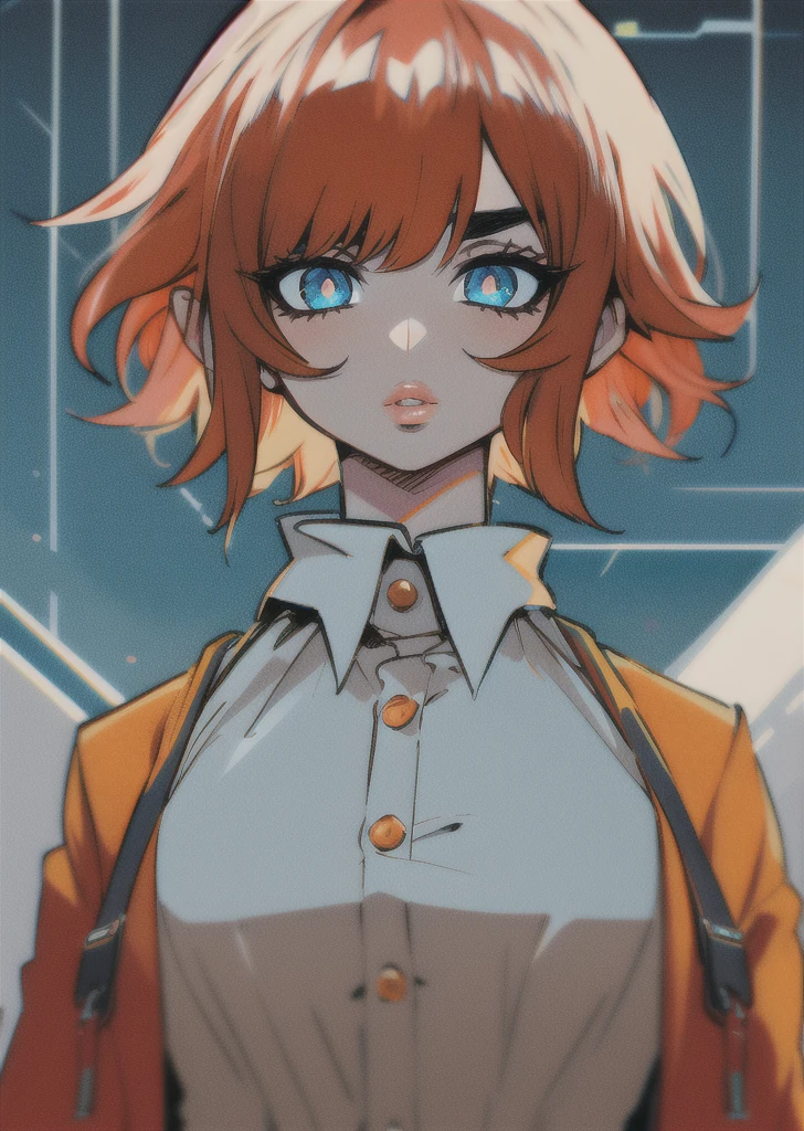 full lips, red hair, orange hair, blue eyes, white skin, thick eyebrows, short hair, white shirt, very detailed illustration, 1girl, highres, high quality, masterpiece, detailed eyes,looking at viewer, upper body