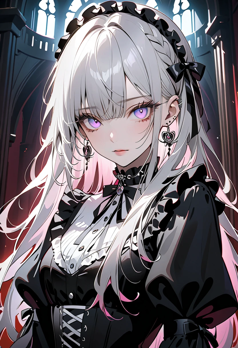 1 girl, ((Portrait of a beautiful girl in Lolita fashion: 1.4)), attractive face, elegant, gorgeous, (black gothic lolita dresses, choker, earrings, rings, jewelry), luxurious, detailed beautiful face, (shiny silver hair, long hair), glowing eyes, light reflecting in the eyes. (finely detailed beautiful eyes: 1.2), double eyelids, (eyelash: 1.2), (eye shadow: 1.2), cowboy shot, at a medieval european castle, ((very detailed, ultra-high resolution, absurdres, highres, masterpiece, best quality, very aesthetic, fine texture, newest, perfect lighting, best shadow, sharp focus, high color saturation)), (anatomically correct, perfect hands), (professional photography), ((anime art style)),