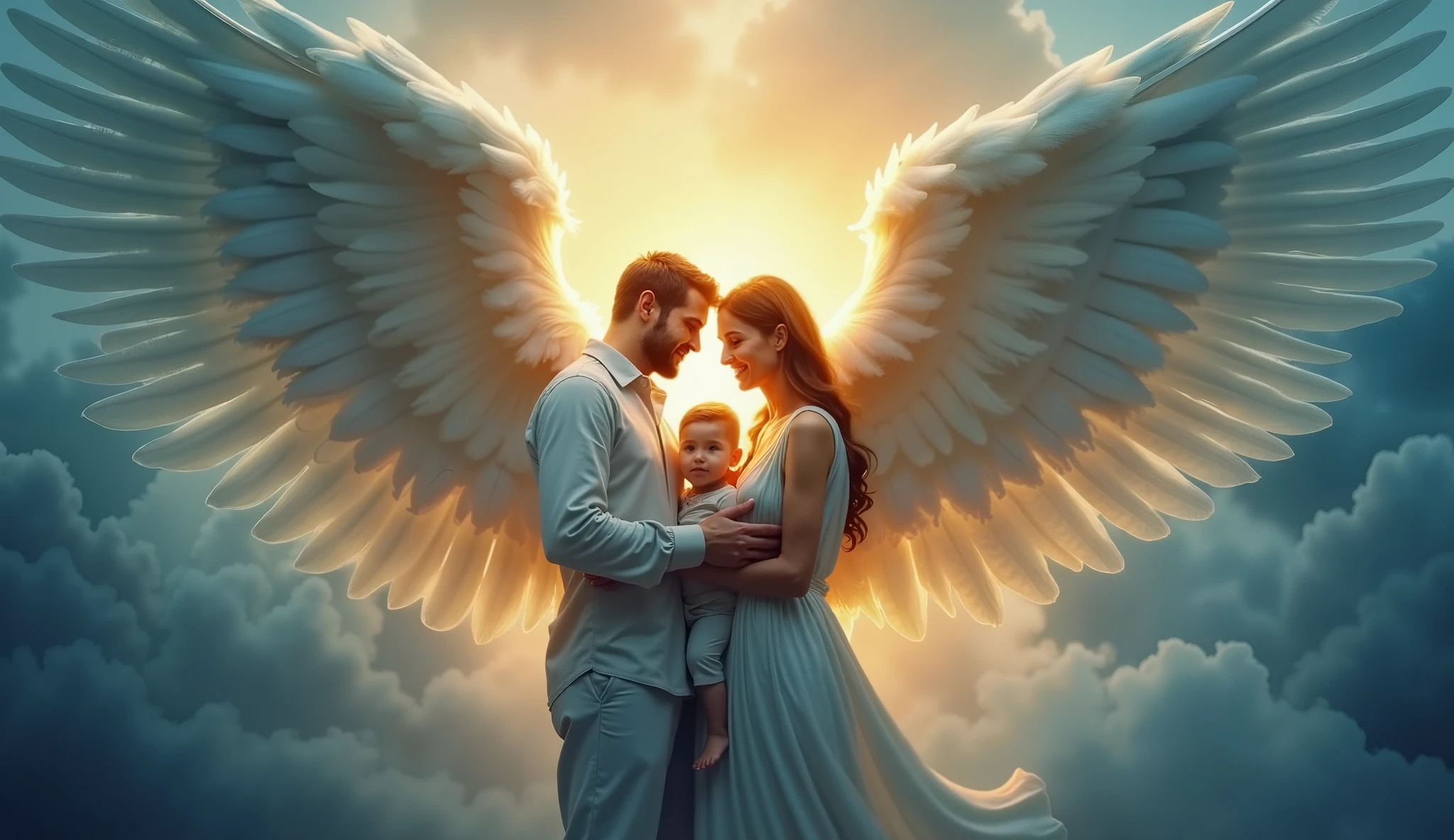 An Archangel woman holding the baby along with her husband, an Archangel man 