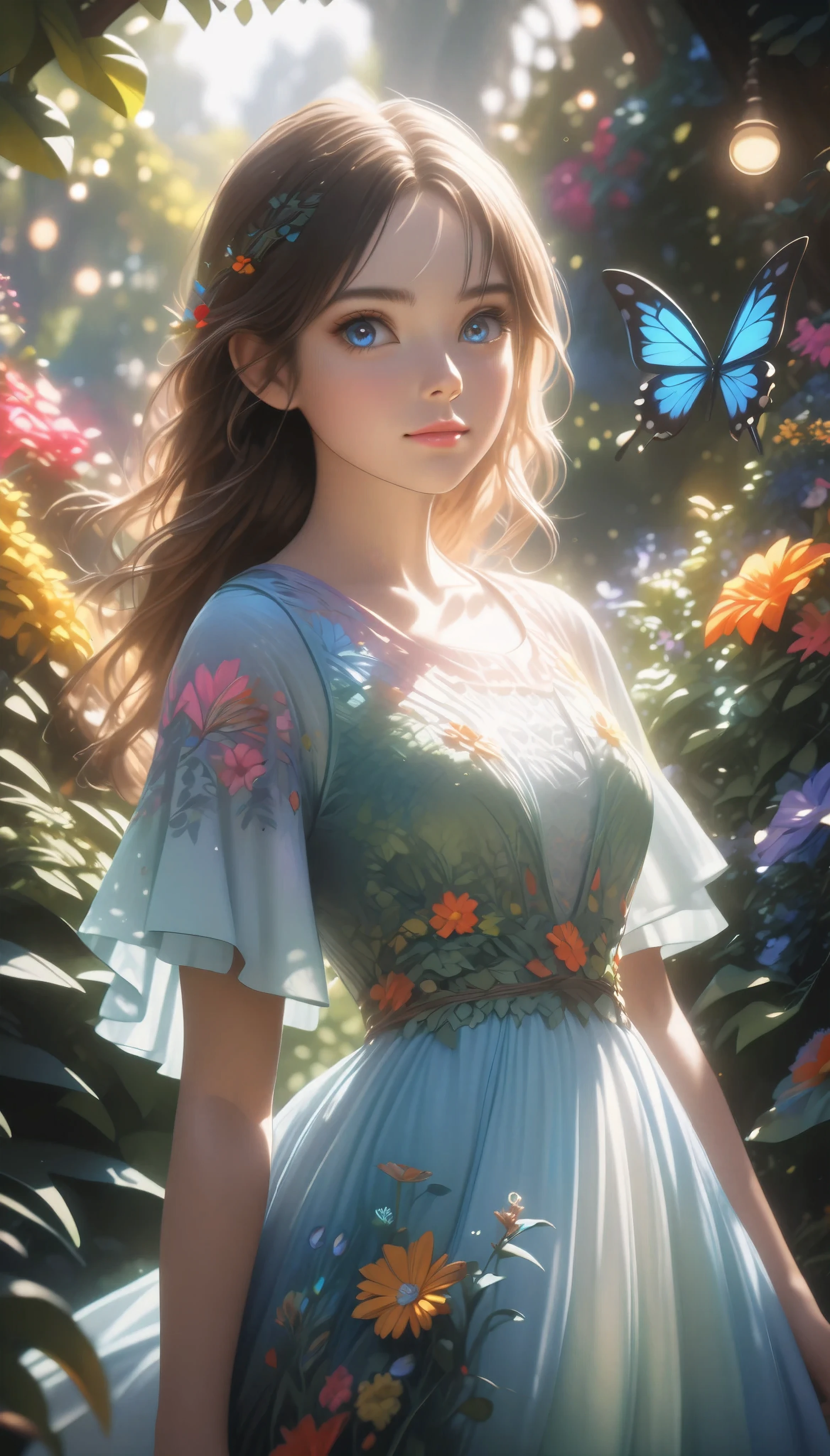 a beautiful girl in a lush garden, surrounded by vibrant flowers and greenery, looking enchanted and serene, long brown hair, big expressive eyes, delicate facial features, elegant flowing dress, cinched waist, sunlight filtering through the foliage, bokeh background, (best quality,8k,highres,detailed,masterpiece:1.2),ultra-detailed,(realistic,photorealistic:1.37),intricate details,vibrant colors,natural lighting,cinematic composition,fantasy,digital painting style