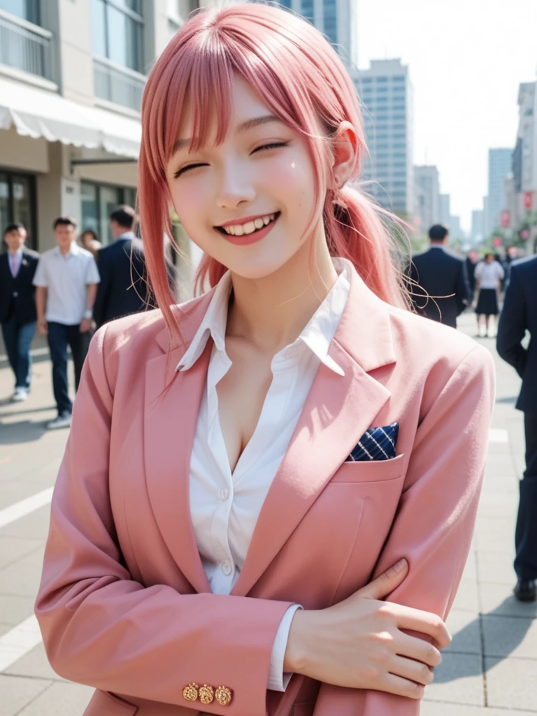 8k, real, realistic , Japanese, cute girl,Cute idol, high school girl, blazer, and a surprised smile,Conquest dating ,Wink,Natural, Straight Hair , bright pink hair color, red with inner color , cleavage,congestion,City.