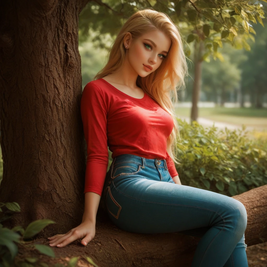 Latin girl,  golden blond hair, straight hair,  green eyes, short jeans curto,  sitting near a tree, Sensual essay, long red shirt 