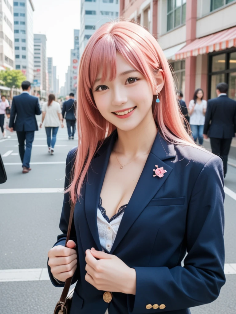 8k, real, realistic , Japanese, cute girl,Cute idol, high school girl, blazer, and a surprised smile,Conquest dating ,Natural, Straight Hair , bright pink hair color, red with inner color , cleavage,congestion,City.