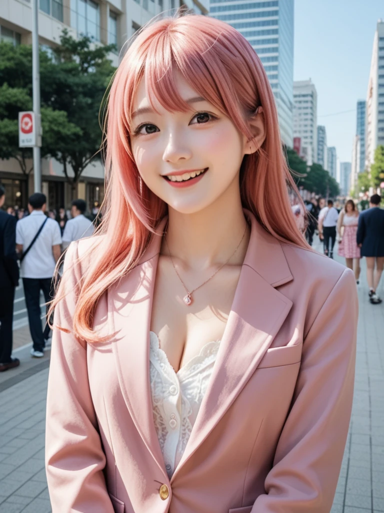 8k, real, realistic , Japanese, cute girl,Cute idol, high school girl, blazer, and a surprised smile,Conquest dating ,Natural, Straight Hair , bright pink hair color, red with inner color , cleavage,congestion,City.