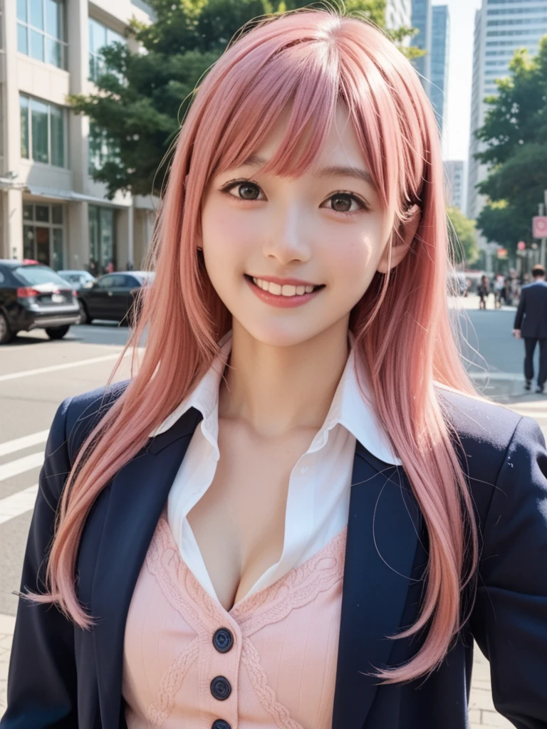 8k, real, realistic , Japanese, cute girl,Cute idol, high school girl, blazer, and a surprised smile,Conquest dating ,Natural, Straight Hair , bright pink hair color, red with inner color , cleavage,congestion,City.