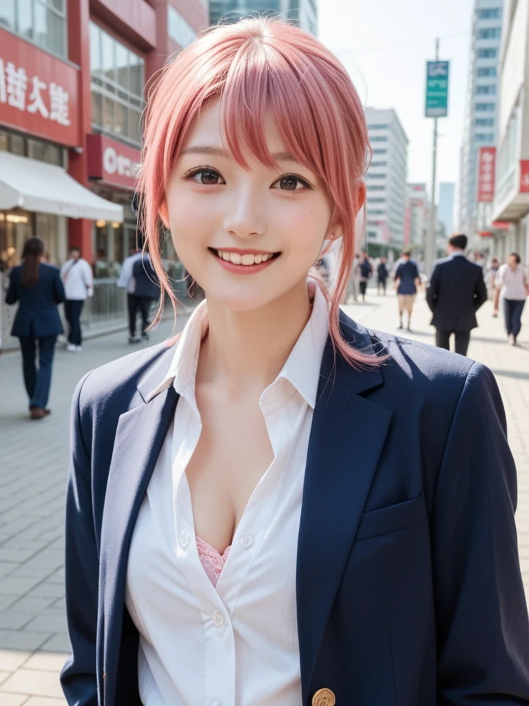 8k, real, realistic , Japanese, cute girl,Cute idol, high school girl, blazer, and a surprised smile,Conquest dating ,Natural, Straight Hair , bright pink hair color, red with inner color , cleavage,congestion,City.