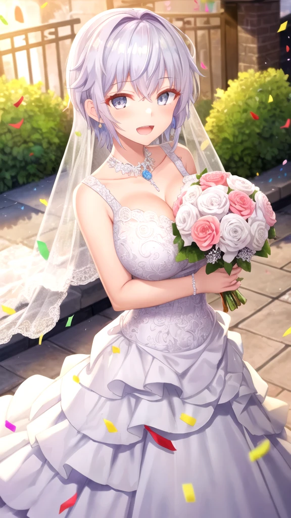 masterpiece, best quality, girl, solo, looking at viewer, lugh_tuatha_de, white hair, grey eyes, large breasts, wedding dress, standing, garden, confetti, holding bouquet, smile, open mouth,