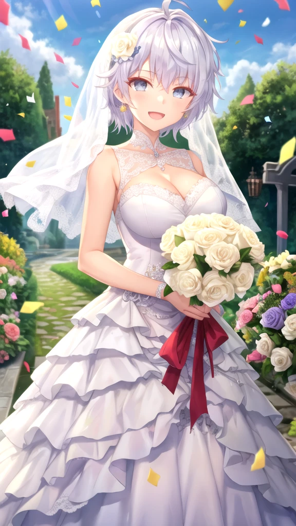 masterpiece, best quality, girl, solo, looking at viewer, lugh_tuatha_de, white hair, grey eyes, large breasts, wedding dress, standing, garden, confetti, holding bouquet, smile, open mouth,