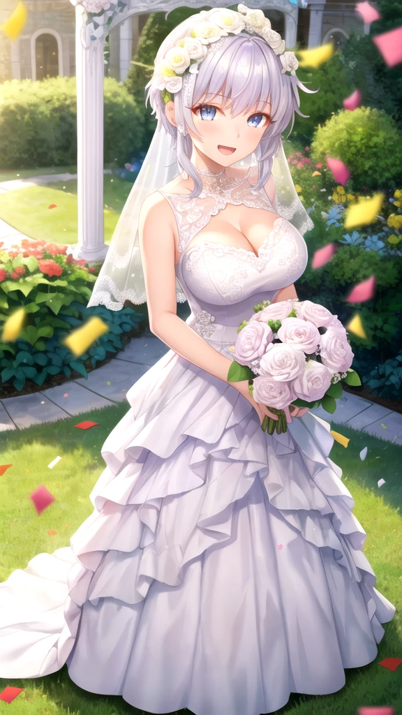 masterpiece, best quality, girl, solo, looking at viewer, lugh_tuatha_de, white hair, grey eyes, large breasts, wedding dress, standing, garden, confetti, holding bouquet, smile, open mouth,