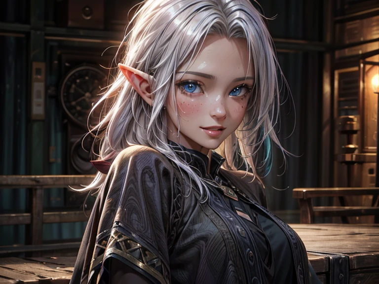  close-up , face. long,  white hair ,  blue eyes, smiling elf girl. ( masterpiece fails,  top quality ,  best quality ,  official art,  beautiful and aesthetic :1.2),  extremely detailed ,( fractal art:1.2), Colorful ,The most detailed, ( lots of colors:1.4). (( skin texture ,  Shiny skin . elegance.  photorealism .  unreal engine .  3d Model.  Ultra high quality textures .  high detail.  8k resolution))