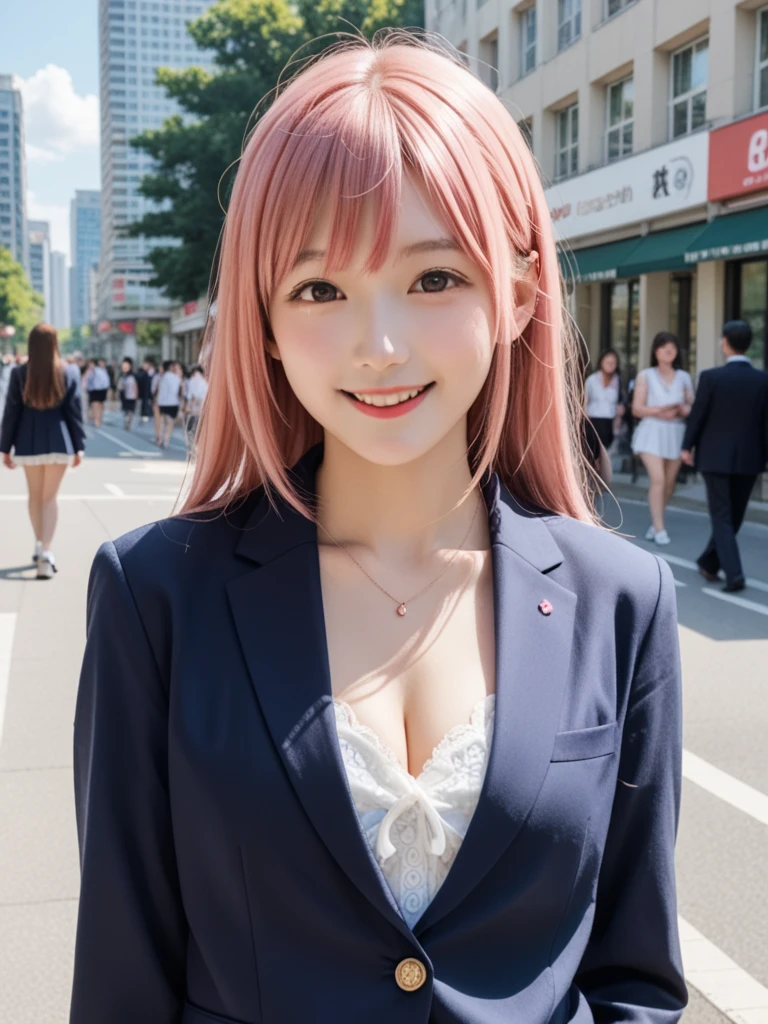 8k, real, realistic , Japanese, cute girl,Cute idol, high school girl, blazer, and a surprised smile,Conquest dating ,Natural, Straight Hair , bright pink hair color, red with inner color , cleavage,naked, boobs, boobsぽろり,congestion,City.