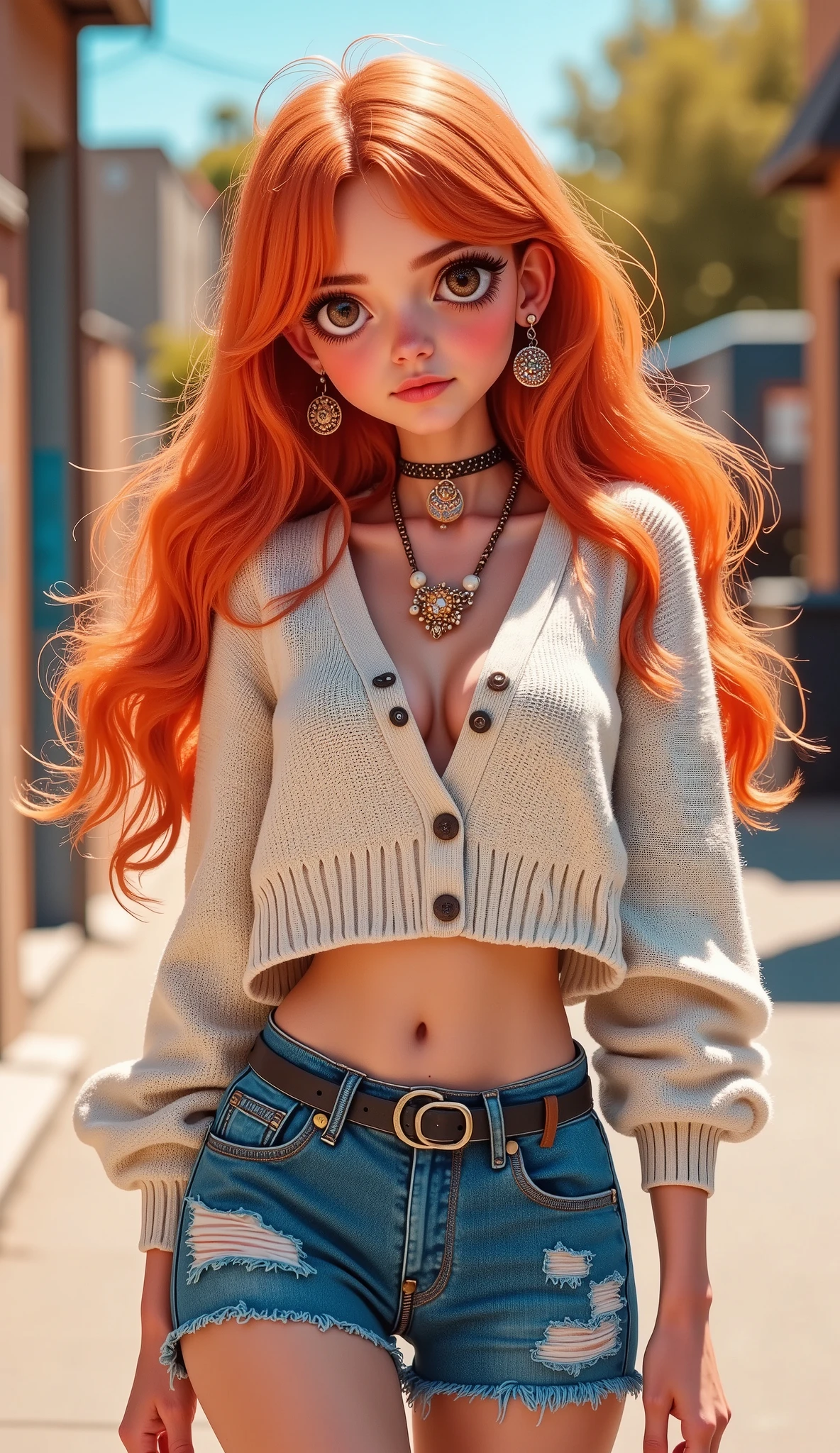 ((((  masterpiece  ,  la mejor calidad ,   High resolution)))), extremely detailed 8k,   Beautiful girl with voluptuous body , (  Ultra high definition  ,   ultra detailed ,  highly detailed , very realistic, ultrarealistic,  realistic photograph ), ( a girl:1.5), (realistic red hair), (  Long wavy hair ,  hair ornaments , earrings), (dynamic postures),   looking at the camera  ,   looking at the viewer , (blush, ashamed, smile), ( hazel eyes, Sharp eyes), (large and turgid breasts:1.2), ( Beautiful and detailed face,   beautiful and detailed eyes ), ((white cropped top sweater, open waist,  denim shorts)), (Standing), (walking:1.3), sweat, glow, (sunbeam , Sunlight), (( gunman shot )), street