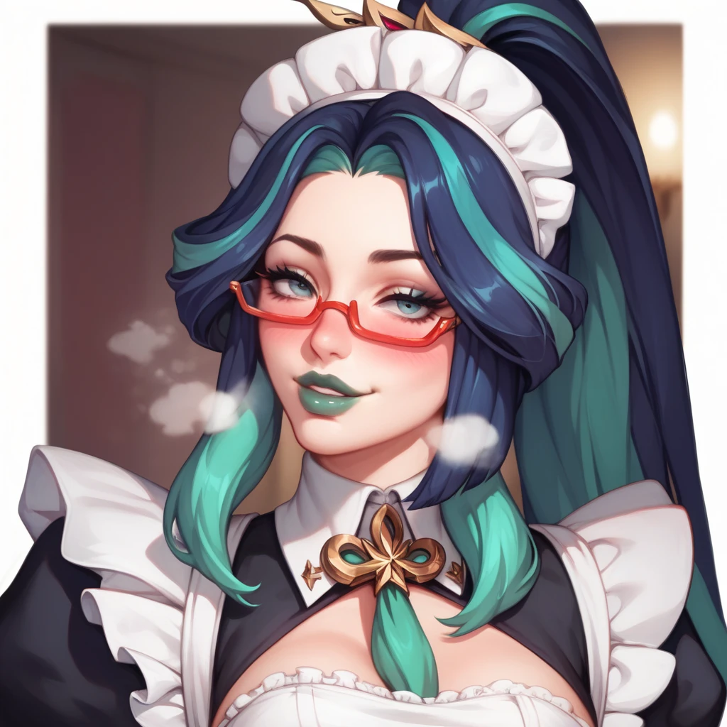  a woman,green lip gloss , Striped hair,  long ponytail ,  Shiny Hair , Maid headdress,  red high frame glasses, Blushing face,   split his lips ,  seductive smile ,  Heavy Breath, frame, Standing picture, chibate ,  Ultra HD, Texture skin , masterpiece,  high resolution, 16K, 1080P， Upper Focus 
