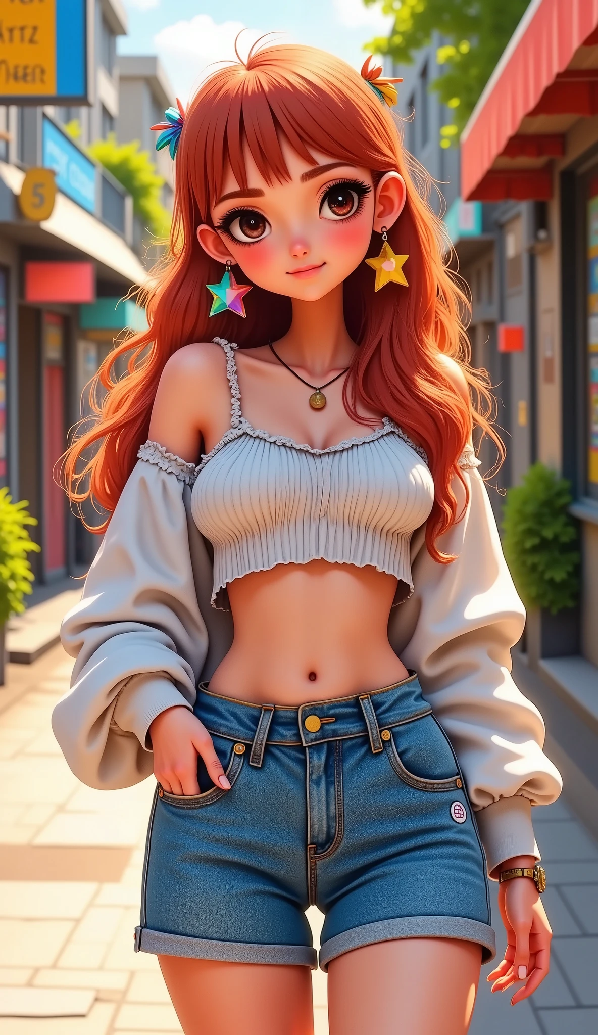 ((((  masterpiece  , la mejor calidad ,  High resolution)))), extremely detailed 8k,  Beautiful girl with voluptuous body , (  Ultra high definition  ,  ultra detailed ,  highly detailed , very realistic, ultrarealistic,  realistic photograph ), ( a girl:1.5), (realistic red hair), (  Long wavy hair , hair ornaments , earrings), (dynamic postures),  looking at the camera  ,  looking at the viewer , (blush, ashamed, smile), ( hazel eyes, Sharp eyes), (large and turgid breasts:1.2), ( Beautiful and detailed face,  beautiful and detailed eyes ), ((white cropped top sweater, open waist,  denim shorts)), (Standing), (walking:1.3), sweat, glow, (sunbeam , Sunlight), (( gunman shot )), street