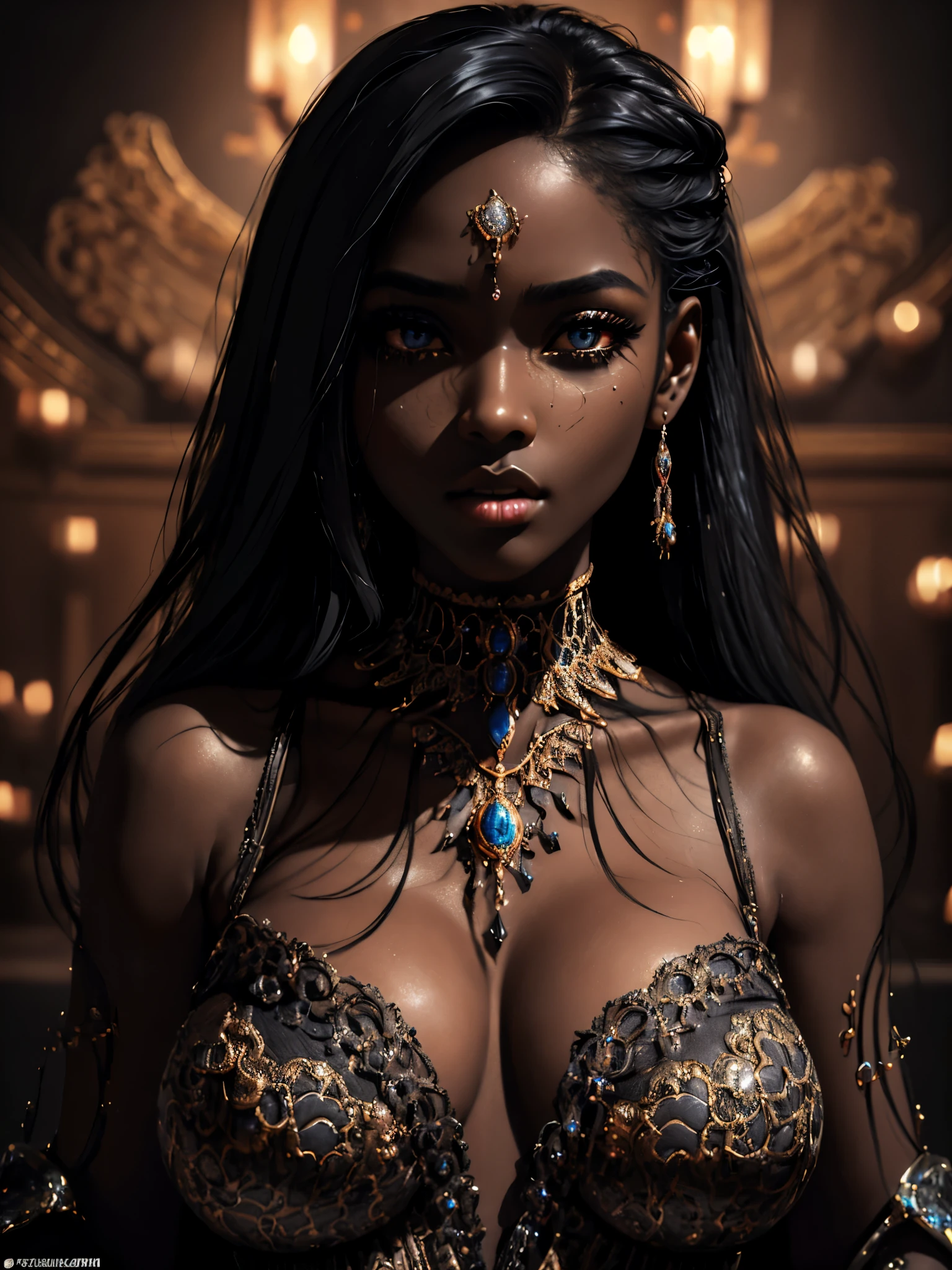 (best quality,4k,8k,highres,masterpiece:1.2),ultra-detailed,(realistic,photorealistic,photo-realistic:1.37),dark-skinned woman,beautiful detailed eyes,beautiful detailed lips,extremely detailed face,golden nipple ring,elegant pose,dramatic lighting,chiaroscuro,cinematic,moody,dark and mysterious