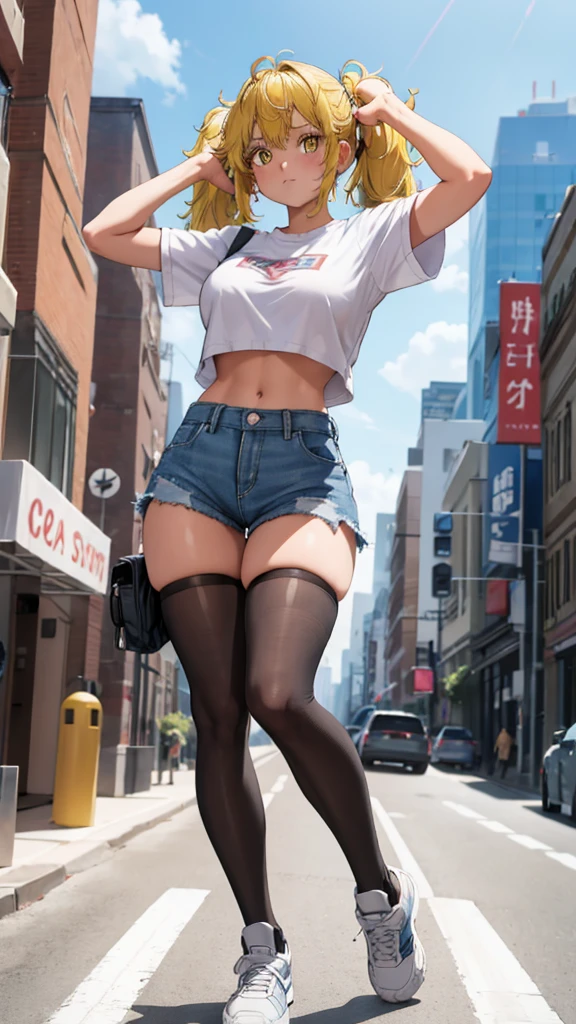 1girl, solo, long hair, breasts, looking at viewer, blush, bangs, shirt, twintails, very long hair, hair ribbon, (yellow eyes:1.3), low twintails, thighhighs, navel, closed mouth, standing, full body, white shirt, short sleeves, thighs, outdoors, shoes, shorts, day, hairclip, midriff, black thighhighs, stomach, arm up, crop top, short shorts, white footwear, denim, sneakers, blue shorts, denim shorts, hand on own head, crop top overhang, cutoffs