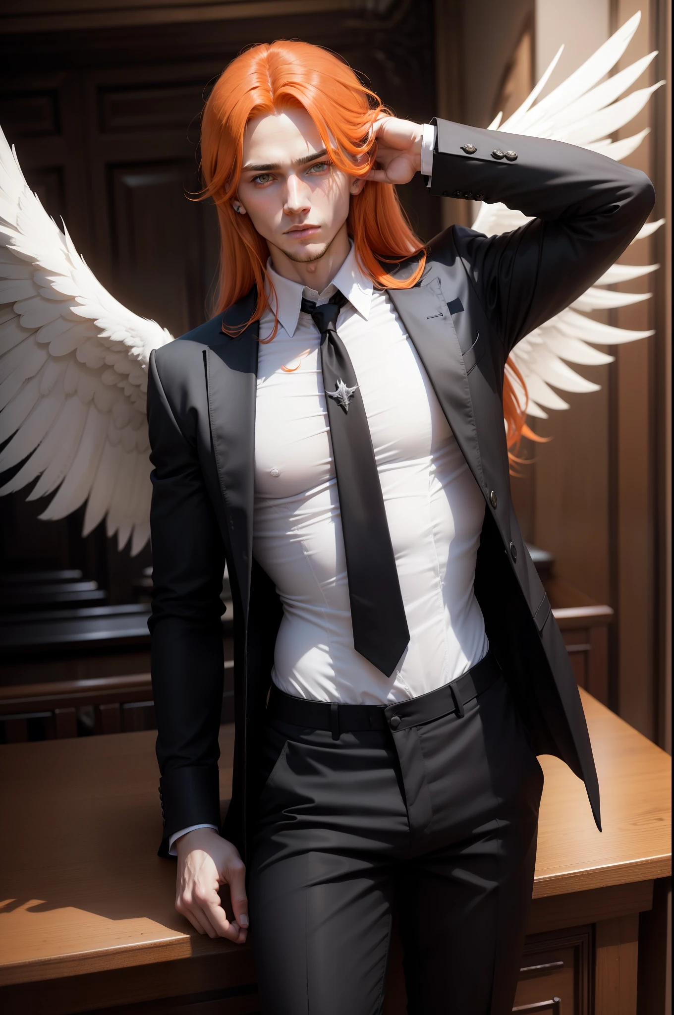 Handsome man, angel, long orange hair, dark eyes, gothic shirt, black pants, white wings, American man, 18 years old