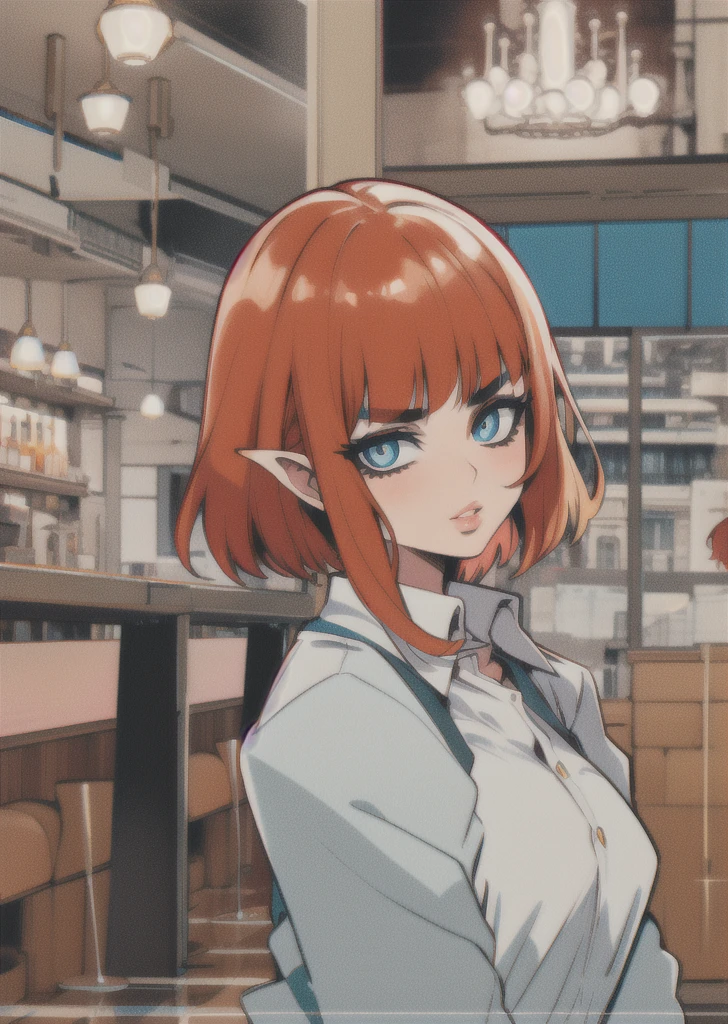 full lips, red hair, orange hair, blue eyes, white skin, thick eyebrows, short hair, white shirt, very detailed illustration, 1girl, highres, high quality, masterpiece, detailed eyes,looking at viewer, upper body, boina azul, ella está sentada en un restaurante rustico y de fondo ve la torre Eiffel. 