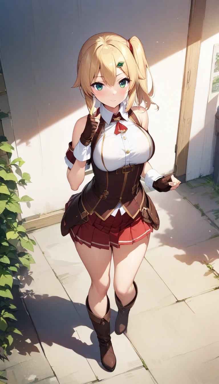 (masterpiece),(best quality),(ultra-detailed),(best illustration),(best shadow),(absurdres),(detailed background),(very aesthetic), emma_brightness, blonde hair, gloves, fingerless gloves, skirt, hair ornament, hairclip, large breasts, red skirt, bare shoulders, 1girl, solo, green eyes, side ponytail, full body, boots, pleated skirt, five finger, 