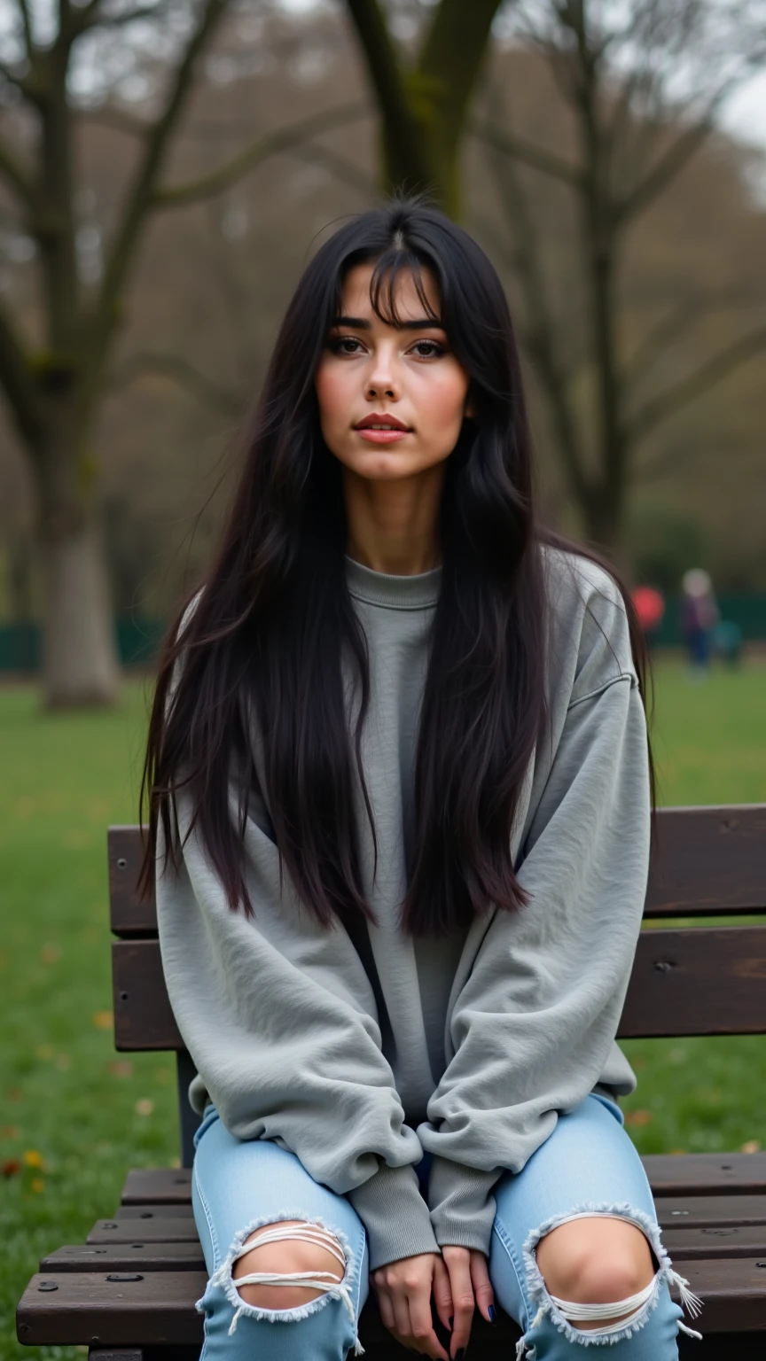 woman, long curly black hair, black worsted knitted sweater, denim pants, sitting on a bench in the park, beautiful sunset background, photorealistic