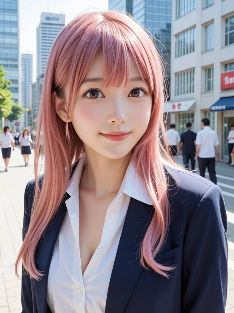 8k, real, realistic , Japanese, cute girl,Cute idol, high school girl, blazer, and a surprised smile,Uniform Dating ,Natural, Straight Hair , bright pink hair color, red with inner color , cleavage,naked, boobs,Milk sliceぽろり,Milk slice,congestion,City.