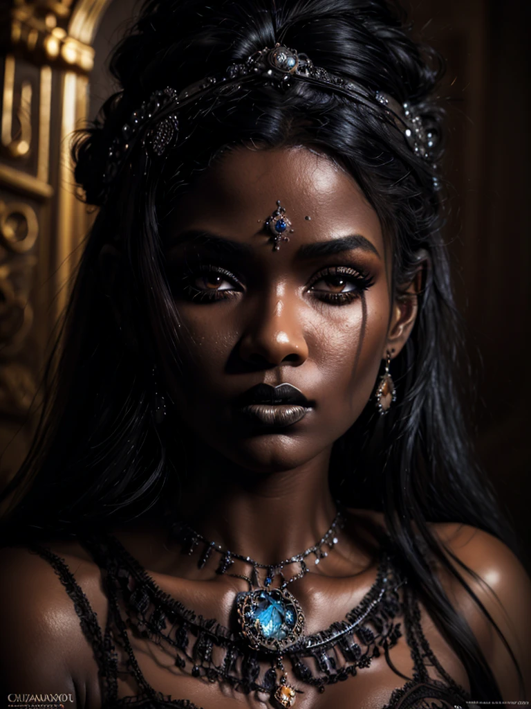 1 fille, beaux yeux détaillés, belles lèvres détaillées, visage extrêmement détaillé, long cils, intérieur complexe d'un temple vaudou, bougies, ambiance mystique, éclairage clair-obscur, couleurs sombres et maussades, Éléments occultes, sculptures ornées, Objets anciens, ombres dramatiques, éclairage dramatique, composition cinématographique, fantaisie sombre, magie noire, ambiance maussade, architecture gothique, photoréaliste, hyper détaillé, chef-d'œuvre fille afro haïtienne très belle ,un peu plus au milieu du temple afin d apprécier la splendeur d intérieur en grand