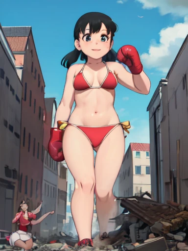 masterpiece, best quality, beautiful art, high resolution, well formed hands, body and fingers, 1 woman, solo, Karin Maaka ,grown up, adult, hair ribbon , big breasted, cleavage, full body, long hair,  wearing a Tyris Flare outfit, sexy and skimpy bikini, gorgeous legs and thighs, ryona , in peril, she is being beaten up by her opponent, she is knocked down and slapped in the face and being slammed against the floor, receiving the impact of her opponent's attacks, closed eyes, screaming in pain and agony, ryona and perilous scene, bouncing breasts, weak and helpless, martial arts tournament on the beach 