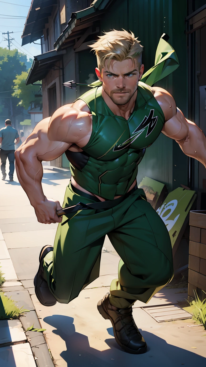 masterpiece, best quality, detailed face, natural eyes, 1man, macho man,hunk and handsome , lean muscled and mature, stephen amell in mid forties as a green arrow wearing totally dark green  pants, , showing bulge and  sweating, tight cloth showing his muscles and bulge , full body , background city at night