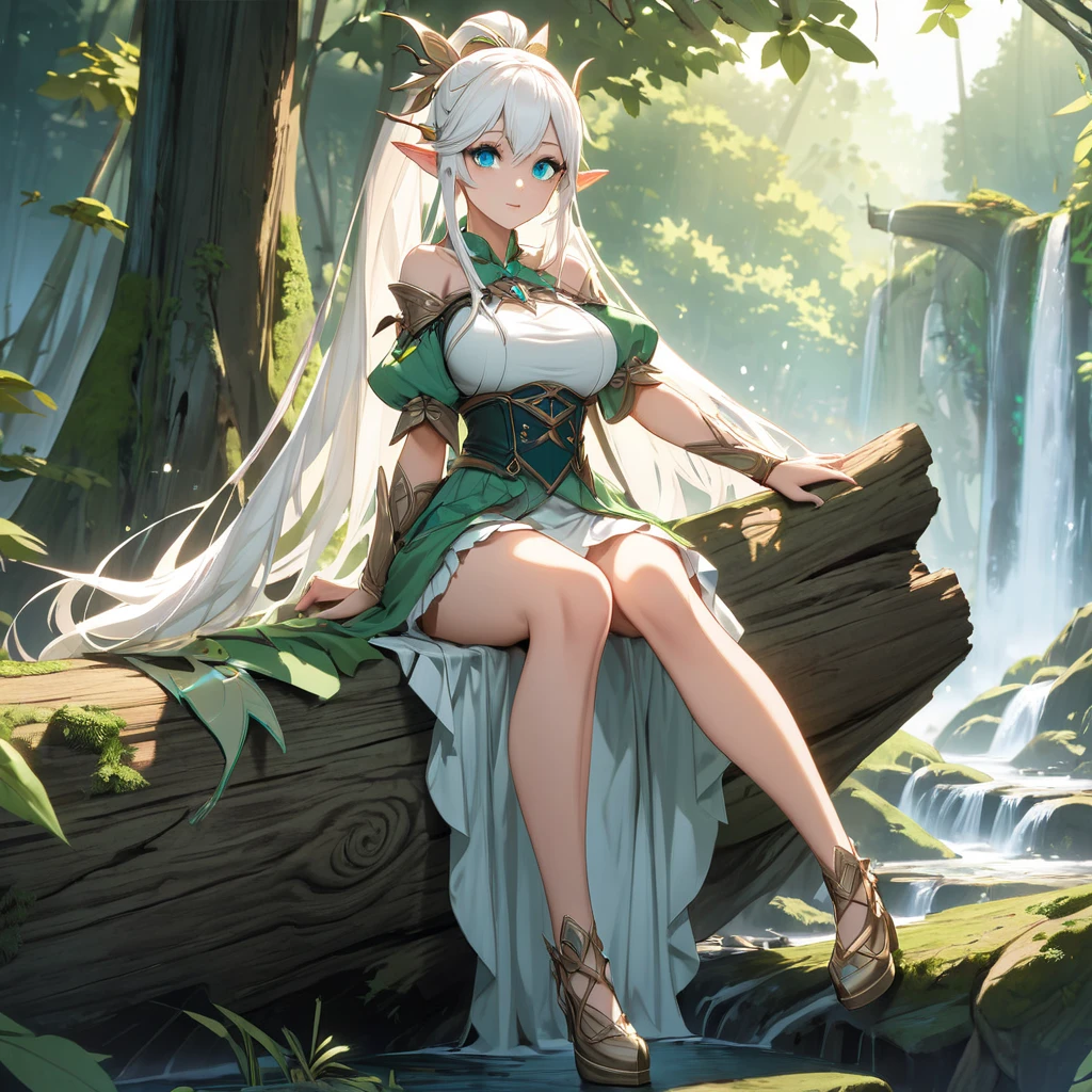 beautiful, View your viewers, Detailed face, Fantasy, beautiful lighting, (22 year old Spanish female), Flowing white hair, Green Eyes, Sitting,Fine grain, Detailed face, Fine hand, Blue Eyes, Green dress, dress, Elf, Fairy, wing, Flying, Moderate exposure, Smile, Big Breasts, Sex, (Sad:1.5)、(Are depressed:1.3)