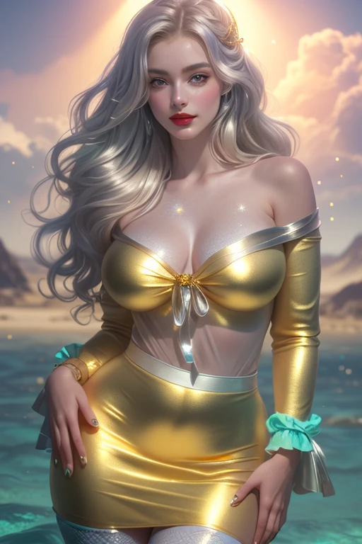 A tall handsome manly young man with long straight platinum hair, blue eyes, dressed in beach shorts, holding his hand and walking on the water on the shore with an incredibly beautiful young femme blonde with long golden hair, blue eyes, wearing a beautiful swimsuit. Masterpiece, detailed study of the face, beautiful face, beautiful facial features, perfect image, realistic photos, detailed study of faces, full-length image, 8k, detailed image, extremely detailed illustration, a real masterpiece of the highest quality, with careful drawing.