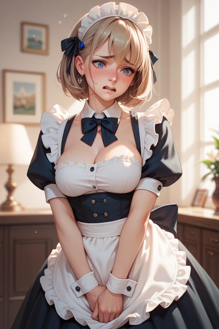 One very beautiful blonde, bangs,((confused face:1.5, open mouth:0.9)), college girl, very gorgeous body, sexy pose, (((medium breasts, showing her white pantie raising the skirt, up skirt sexy))), big and blue eyes, lipstick, eyelash,(in the kitchen, sexy maid outfit, cleavage, black and white clothes, micro skirt, duster, sexy black high sock)