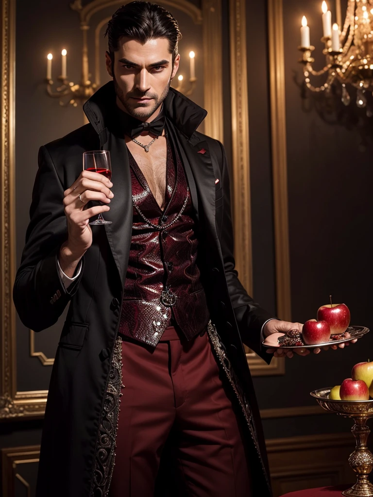 A figure of a dark and handsome man representing Satanas, elegant and with an enigmatic smile, holding an adorned silver tray full of temptations symbolized by luxurious and seductive items: shiny jewels, gold coins, a glass of red wine and a glistening apple. The backdrop is a mixture of shadows and fire, with red and black nuances creating an atmosphere of mystery and power. The atmosphere is full of symbolic details that evoke human choices and desires.