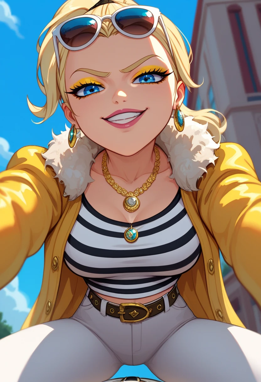 Masterpiece, perfect face, imtdchloeb, 1girl, blonde hair, blue eyes, sunglasses on head, jewelry, necklace, makeup, striped shirt, ponytail, eyeshadow, yellow jacket, capri pants, belt, white pants, eyelashes, big butt, big tits, evil smirk, ride viewer's dick, cowgirl pose pov, angle below 