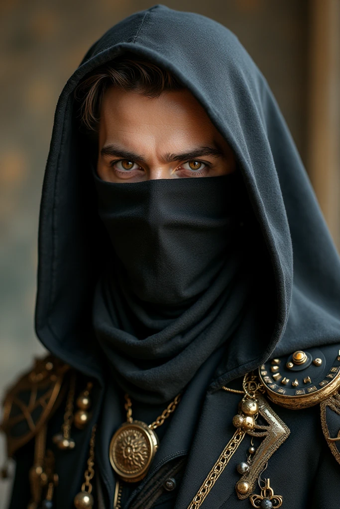A young nobleman with long straight black hair, dark medieval robes and blindfolds