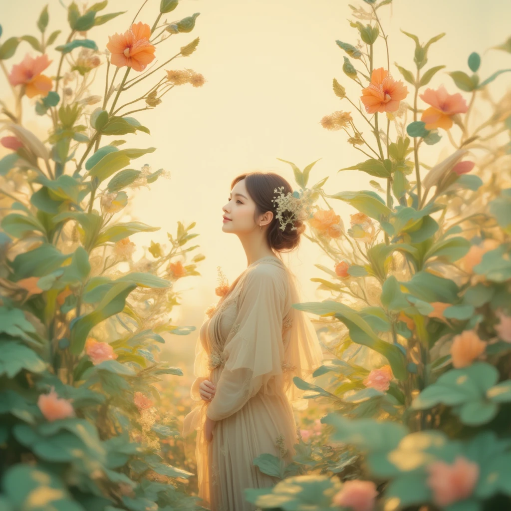 Koso1,A serene and artistic composition featuring a woman standing gracefully amidst an overflowing pattern of leaves and flowers similar to a hand-painted design. The plants and flowers rise upward, filling the scene with soft green foliage and vibrant orange and pink blooms. The background is warm and neutral, enhancing the artistic simplicity. The woman is dressed in flowing, natural-colored attire that complements the floral theme. She gazes thoughtfully into the distance, her presence blending harmoniously with the lush, artistic environment. The overall atmosphere is calm, elegant, and slightly surreal, evoking a sense of connection with nature. The perspective is closer to the woman, focusing on her upper body and face while still showing the detailed foliage and flowers around her.