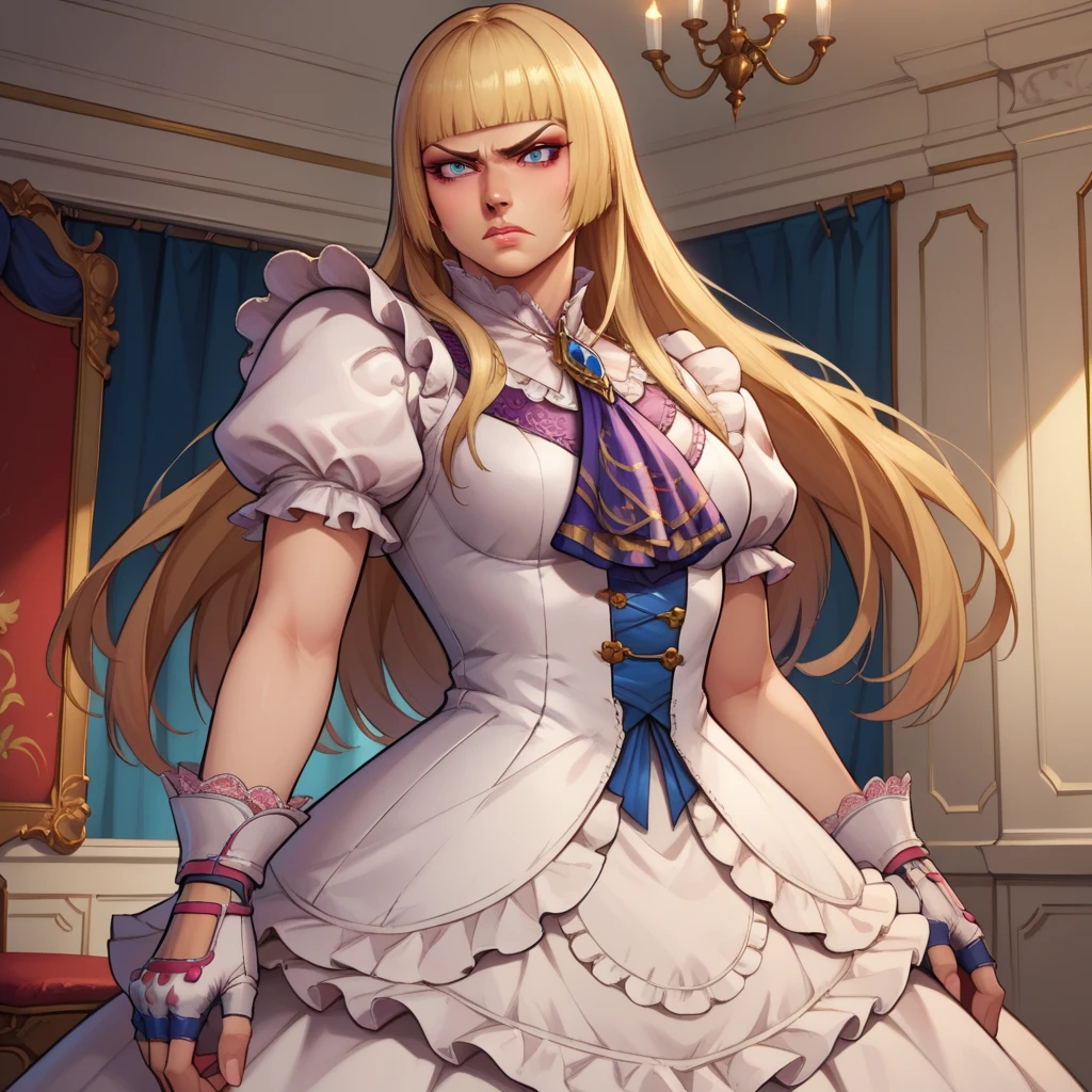 score_9, score_8_up, score_7_up, BREAK,  emiliederochefortSDXL, 1girl, solo, long hair, blue eyes, blonde hair, room background, gloves, white dress, frills, white gloves, fingerless gloves, white dress, lips, ascot, makeup, frilled dress, hime cut, "Lili from Tekken, aristocratic blonde character, standing pose, looking down angrily at her frilly dress, hands gripping the delicate fabric, frustrated and annoyed expression, pouty lips, furrowed brows, luxurious indoor setting, detailed lace and pastel-colored dress, anime-style illustration, high-resolution, expressive and vibrant art."