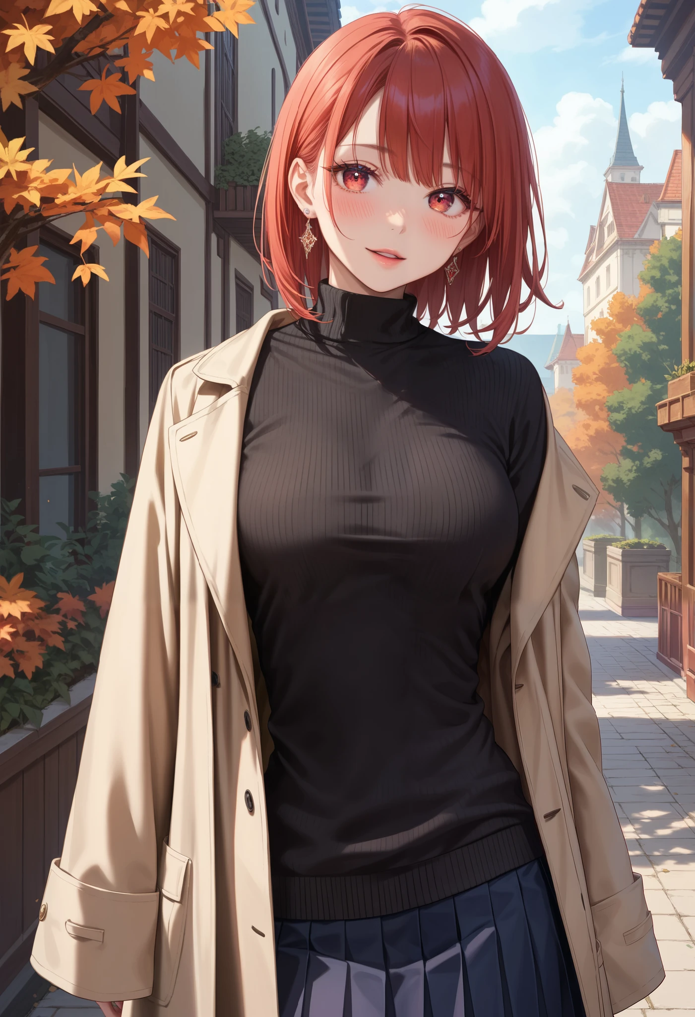 (score_9, score_8_up, score_7_up, score_6_up), anime, high res image, Beautiful girl with slim body, (masterpiece, detailed:1.2), (1girl:1.5), (red hair, short medium hair, bangs), (earrings), (dynamic poses), looking at viewer, (blushing red, relaxed), (red eyes, detail eyes, eyelashes), Beautiful eyes, (big perky breasts:1.3), (slim), (beautiful detailed face, beautiful detailed eyes), ((beige long coat, black sweater, pleated skirt)), (outdoor), autumn seasons, ((cowboy shot:1.3)), seductive
