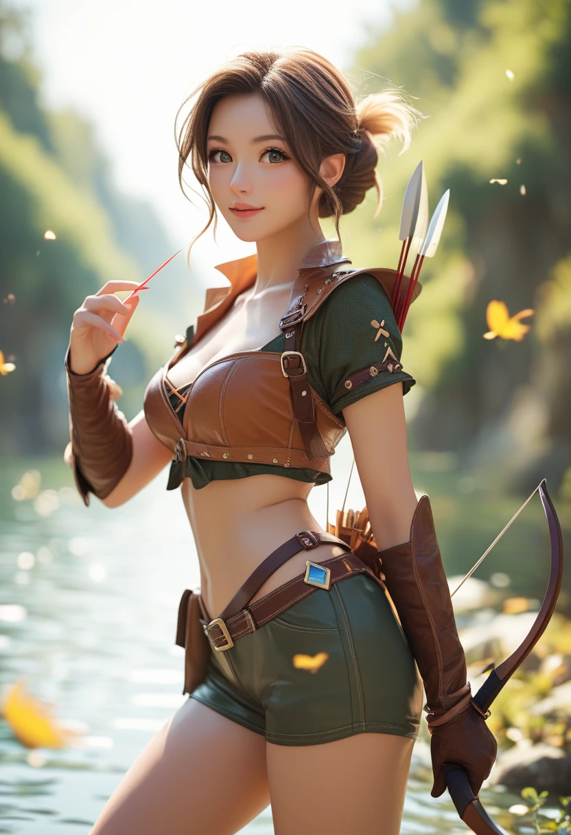 (masterpiece, best quality, cinematic, photorealistic, ultra-detailed), (1girl, Japanese knight), (wide shot, from below), (wearing an archer armor with an accent of green, wearing brown gloves and boots, wearing a long green cape), (wearing a green top and worn-out skirt:1.4), (messy black hair), perfect hands, perfect face, (large cleavage, bursting breasts), (seductive pose), (brown eyes, soft and shimmery eyeshadows, detailed pupils, defined eyelashes), (blushing, slightly parted lips, cherry lips), (sitting on a large tree branch), (navel:1.2), (arrow quiver st her back:1.5)