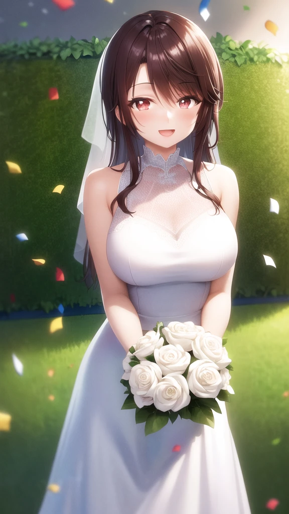 masterpiece, best quality, girl, solo, looking at viewer, yuuta_kadowaki, large breasts, wedding Dress, standing, garden, confetti, holding bouquet, smile, open mouth,