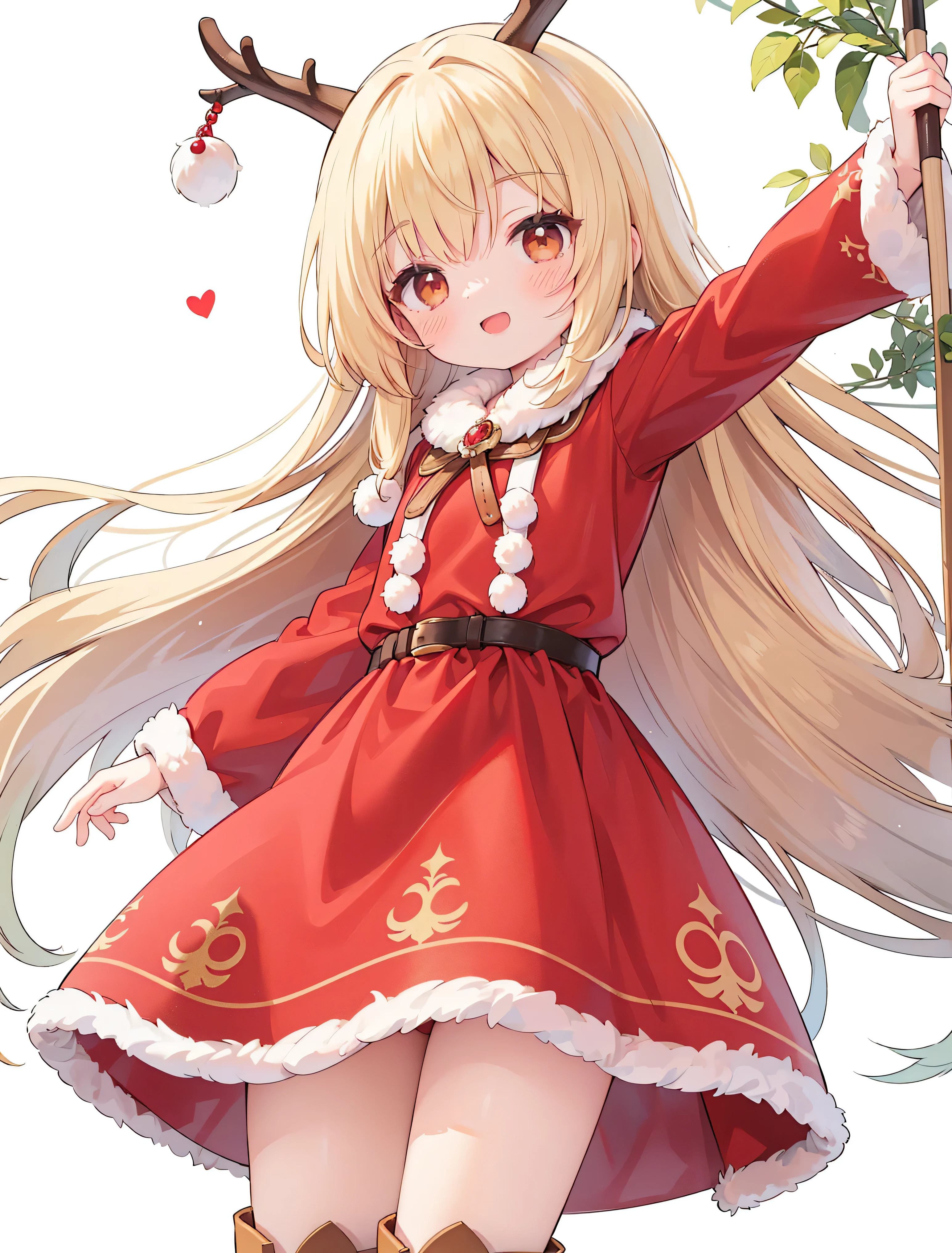 eautiful face ， tMasterpiece、 tMasterpiece, first-class, 1 girl in, A girl stands, best quality , 1 girl in, The explosion, Alone, Start-up, , ssmile, With open mouth, very cute smile, looking at the viewer , arms stretched wide, a red Santa Claus costume, reindeer antler , very long blonde hair , brown boots, longer red sleeves , Red long dress, knee-high boots, Through pony,, brown eyes, long Blonde hair, hair between the eyes ,Jump up , white background, bedeckte beine, schlanke beine, rote strumpfhose, nackte hände, bedeckte schultern