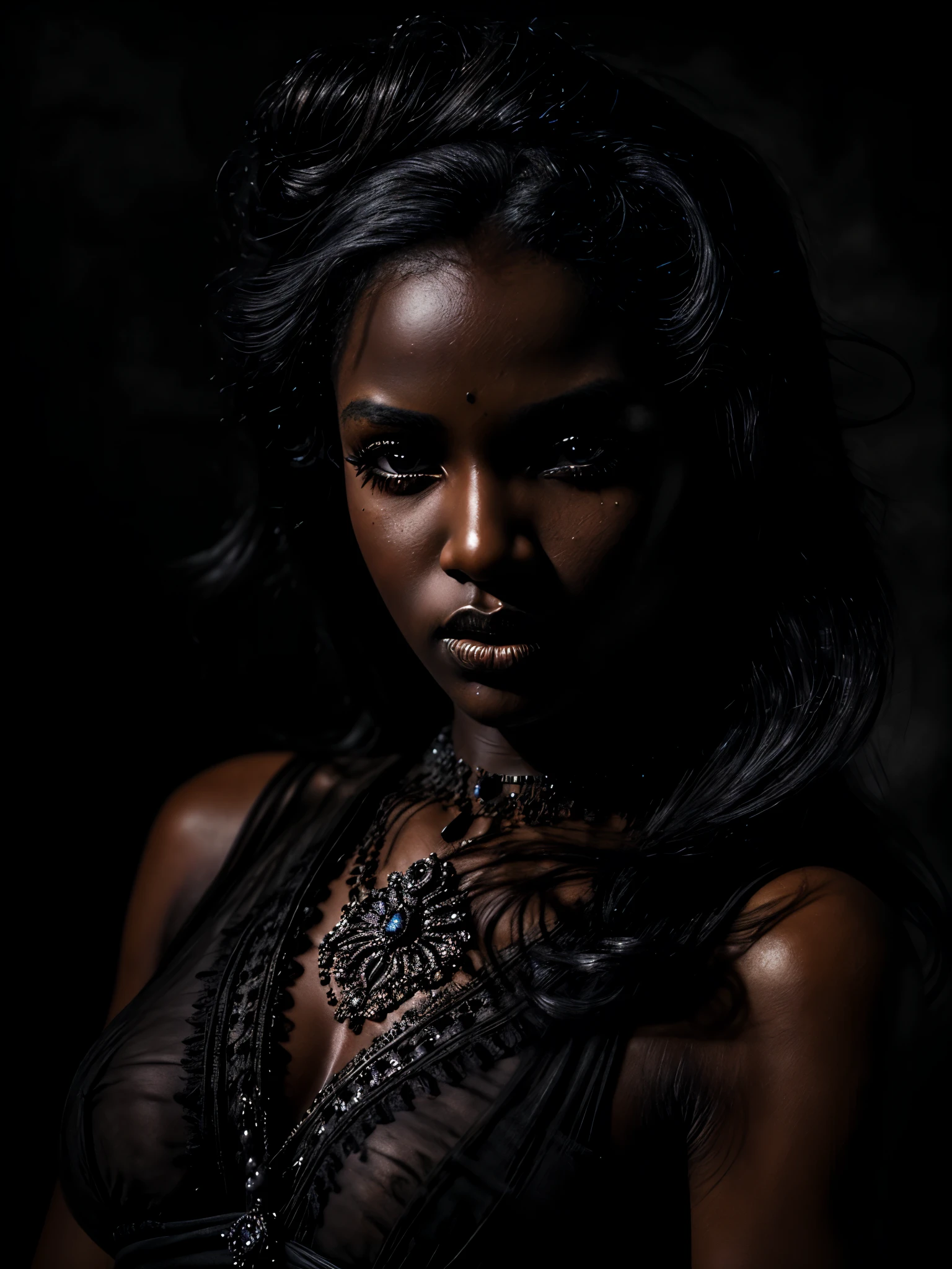 (masterpiece, best quality), deep ebony 1girl, beautiful detailed eyes, beautiful detailed lips, extremely detailed face and portrait, long eyelashes, flowing black hair, intricate jewelry, elegant ornate dress, dramatic lighting, cinematic composition, chiaroscuro, dramatic contrast, rich colors, oil painting