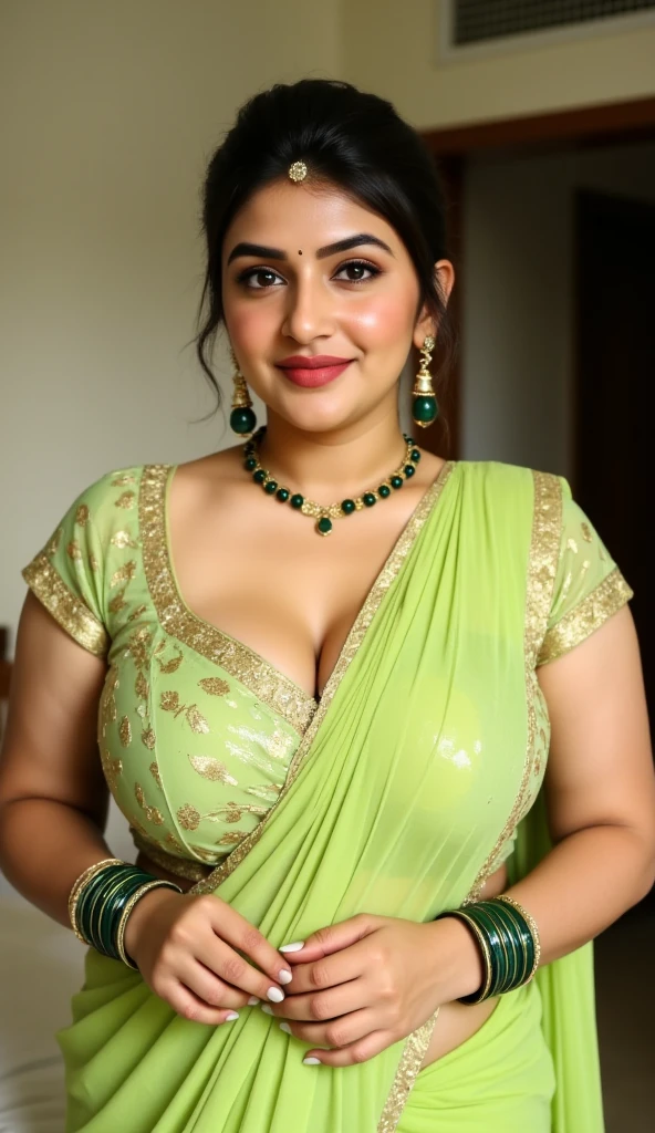 Indian beautiful woman sexy bhabhi, Big huge enomours gigantic humgous breast,Sleeveless blouse,very deep cleavage,curvy plus size model wearing transparent neon green plain color saree ,Dar green  satin glossy sleeveless blouse, plenty dark green bangles in hand,bindi on forehead,big pearl green earrings,black and golden beads long necklace,facing to camera in laying on one side of  a bed with her curvy legs,curvy plus size figure,big large m-cup breasts, deep cleavage, huge breasts, side bun hairstyle, bright eyes, thin eyebrows, fair skin, blushing cheeks, prefect ,head to thighs view, head to thigh view, bright sunlight, perfect hands , perfect legs,