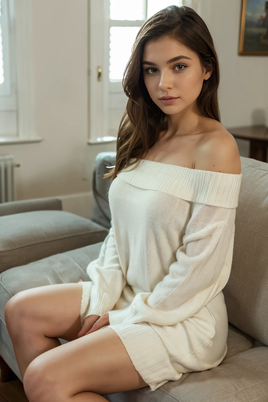 a 19 year old woman, she is the most beautiful actress in the world, the perfect proportions of her body, tight t- shirt is worn on her upper body, the perfect shape of her covered breasts, her detailed genitalia of her naked lower body, seeable inside two pairs of her labia between her opened legs, her anus is under her vagina, her seeable clitoris is at the top of her labia under her pubic hair, she is sitting on a sofa of the living room, nsfw, best quality, highly detailed, masterpiece, ultra high res, photo realistic, 8k